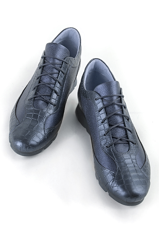 Denim blue women's elegant sneakers. Round toe. Flat rubber soles. Top view - Florence KOOIJMAN